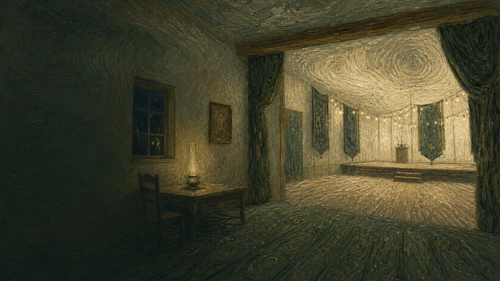 3D event space render with reusable scenic objects